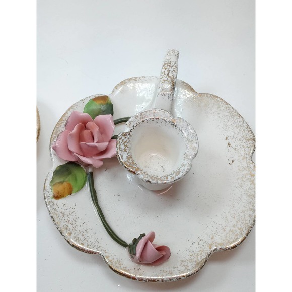 Lefton Pink Rose Chamberstick Candle Holders Gold Sponged Accent Set of 2 Japan - Picture 5 of 9